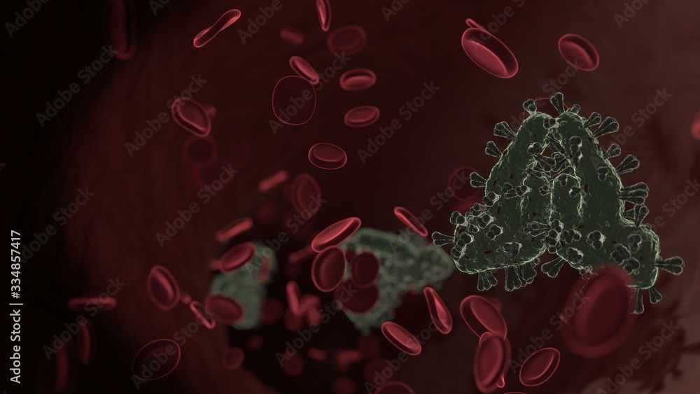 Poster microscopic 3d rendering view of virus shaped as symbol of praying hands inside vein with red blood 
