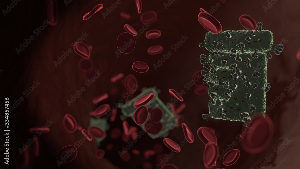 Poster microscopic 3d rendering view of virus shaped as symbol of prescription bottle inside vein with red 