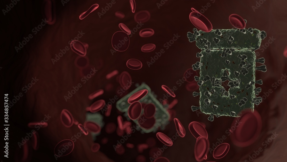Poster microscopic 3d rendering view of virus shaped as symbol of prescription bottle inside vein with red 