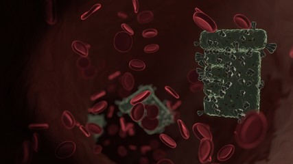 microscopic 3D rendering view of virus shaped as symbol of prescription bottle inside vein with red blood cells