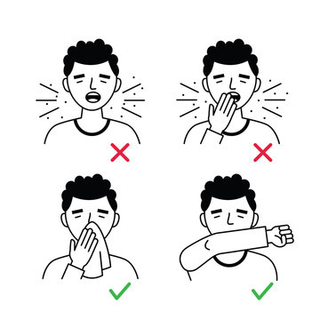 Poster how to Coughing right and wrong. Flu disease Prevention. Coronavirus Precaution Tips. Prevention against virus and infection. Vector illustration.
