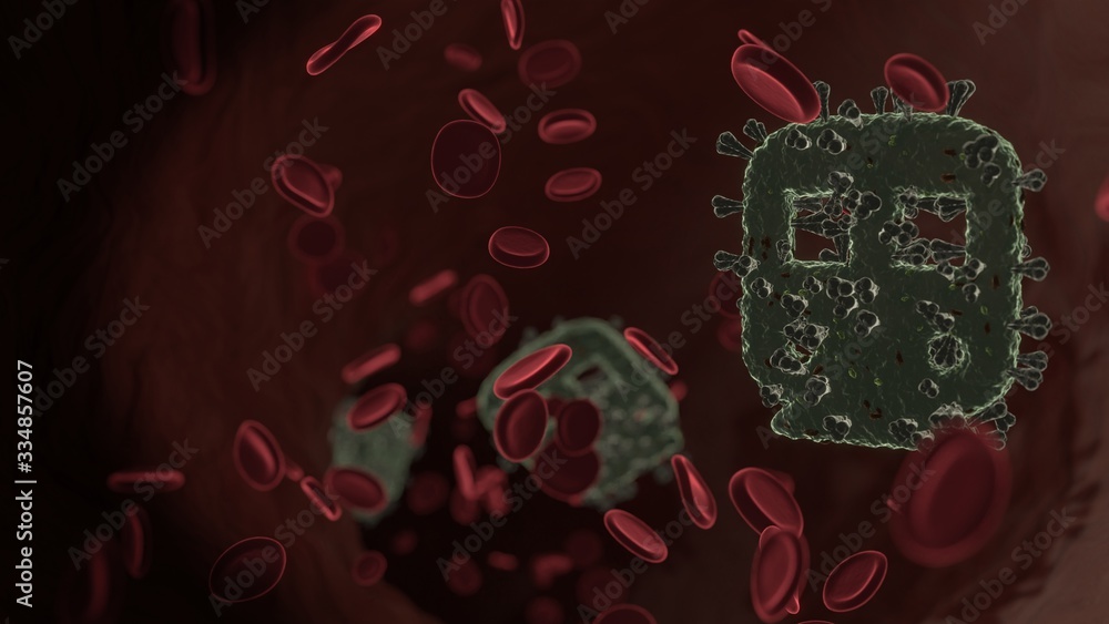 Poster microscopic 3d rendering view of virus shaped as symbol of public transport subway inside vein with 