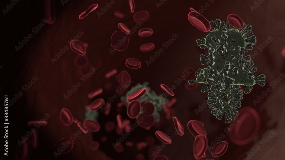 Poster microscopic 3d rendering view of virus shaped as symbol of push pin inside vein with red blood cells