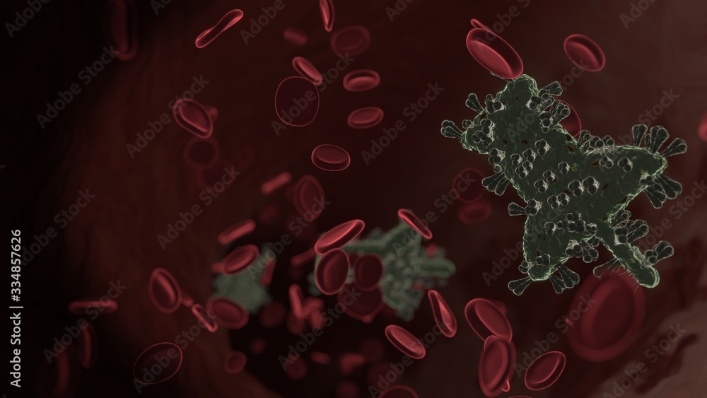 Poster microscopic 3d rendering view of virus shaped as symbol of push pin inside vein with red blood cells
