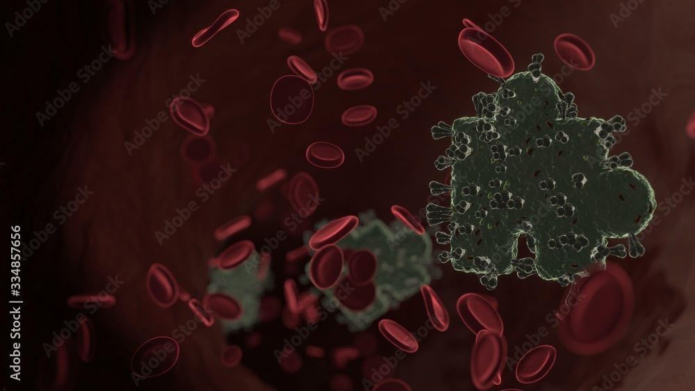 Poster microscopic 3d rendering view of virus shaped as symbol of puzzle inside vein with red blood cells