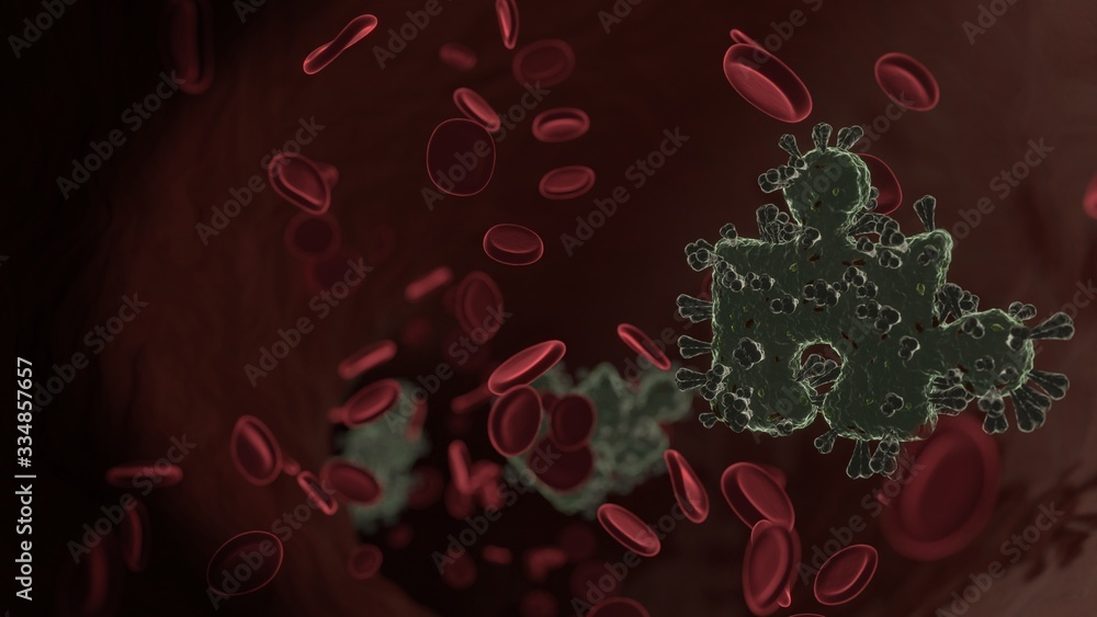 Poster microscopic 3d rendering view of virus shaped as symbol of puzzle piece inside vein with red blood c