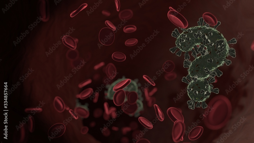 Poster microscopic 3d rendering view of virus shaped as symbol of question inside vein with red blood cells