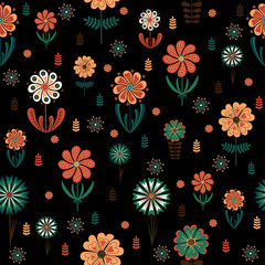 Seamless flower pattern on a dark background. Botanical ornament. Modern abstract design for paper, cover, fabric and for your design. Hand-drawn. Flat design. Vector illustration.