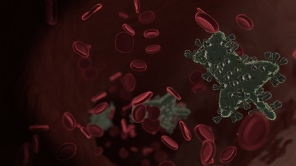 microscopic 3D rendering view of virus shaped as symbol of push pin inside vein with red blood cells