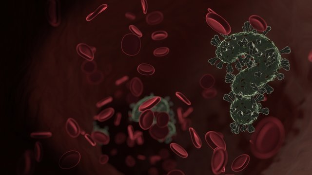 microscopic 3D rendering view of virus shaped as symbol of question inside vein with red blood cells