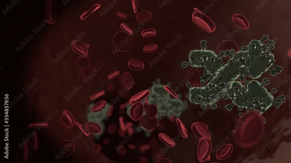Poster microscopic 3d rendering view of virus shaped as symbol of random inside vein with red blood cells