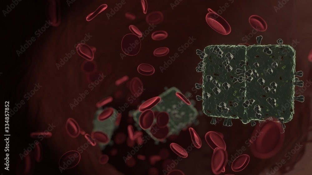 Poster microscopic 3d rendering view of virus shaped as symbol of reading inside vein with red blood cells