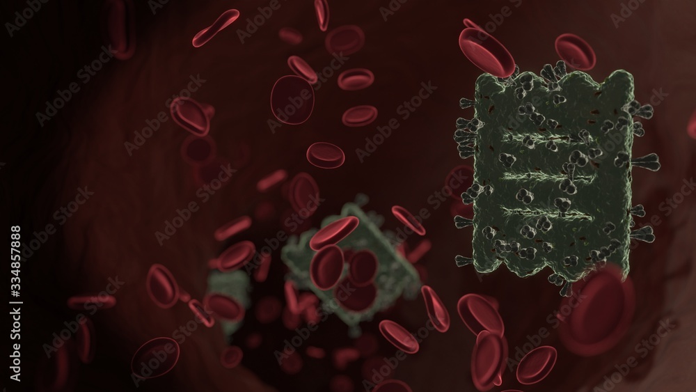 Poster microscopic 3d rendering view of virus shaped as symbol of receipt inside vein with red blood cells