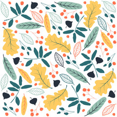 Leaves on white background. Design perfect for wallpaper, gift paper, autumn greeting cards, fabric, textile, web design. Hand-drawn. Flat design. Vector illustration.