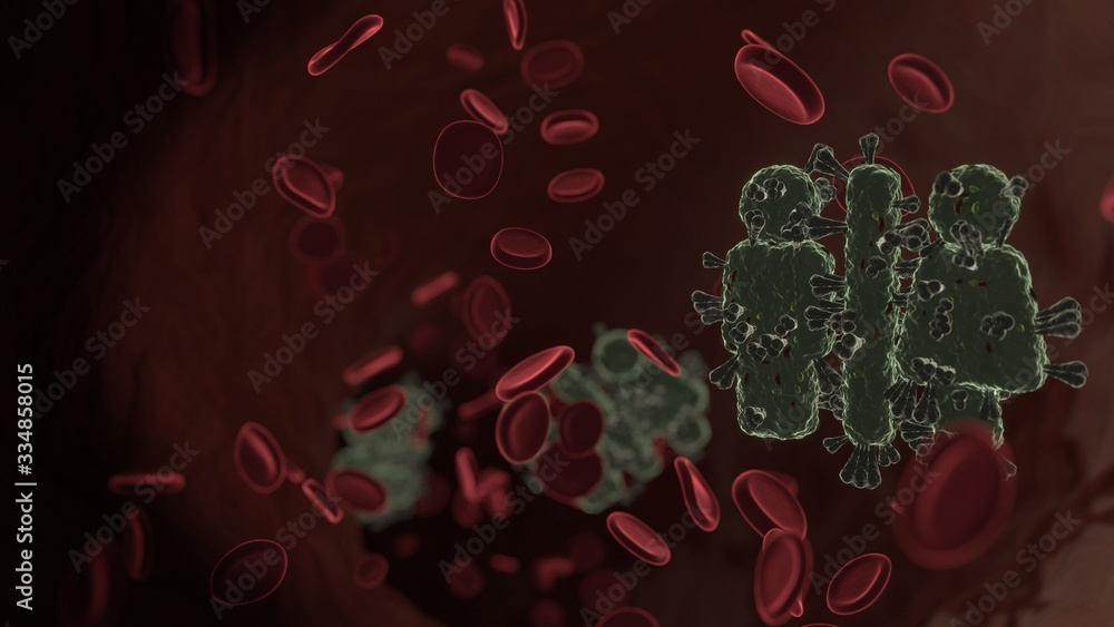 Poster microscopic 3d rendering view of virus shaped as symbol of restroom inside vein with red blood cells