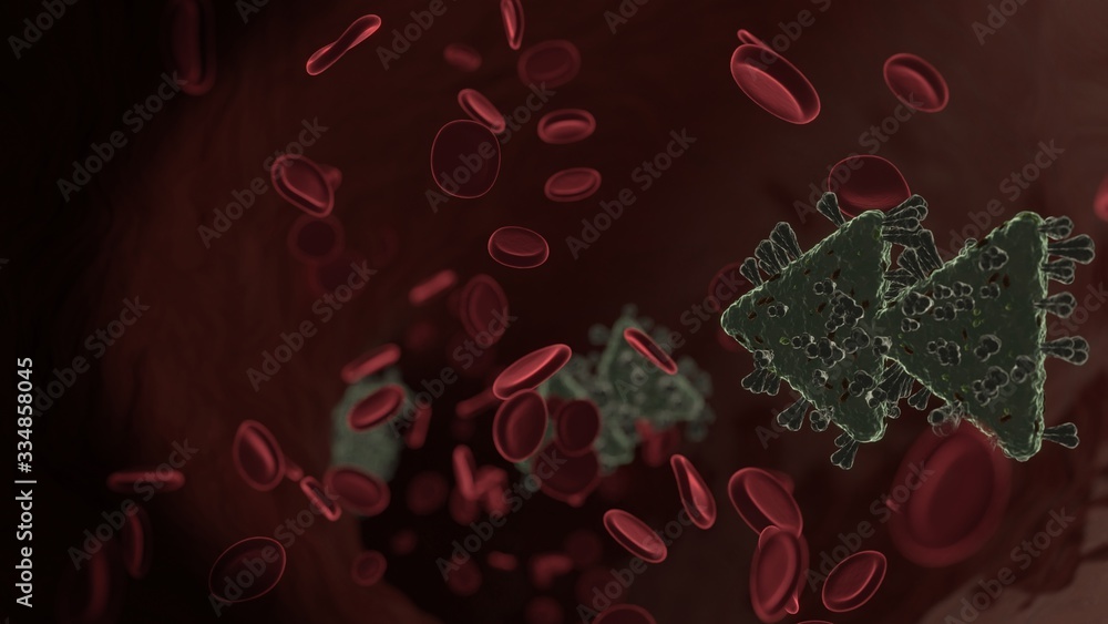 Poster microscopic 3d rendering view of virus shaped as symbol of rewind inside vein with red blood cells