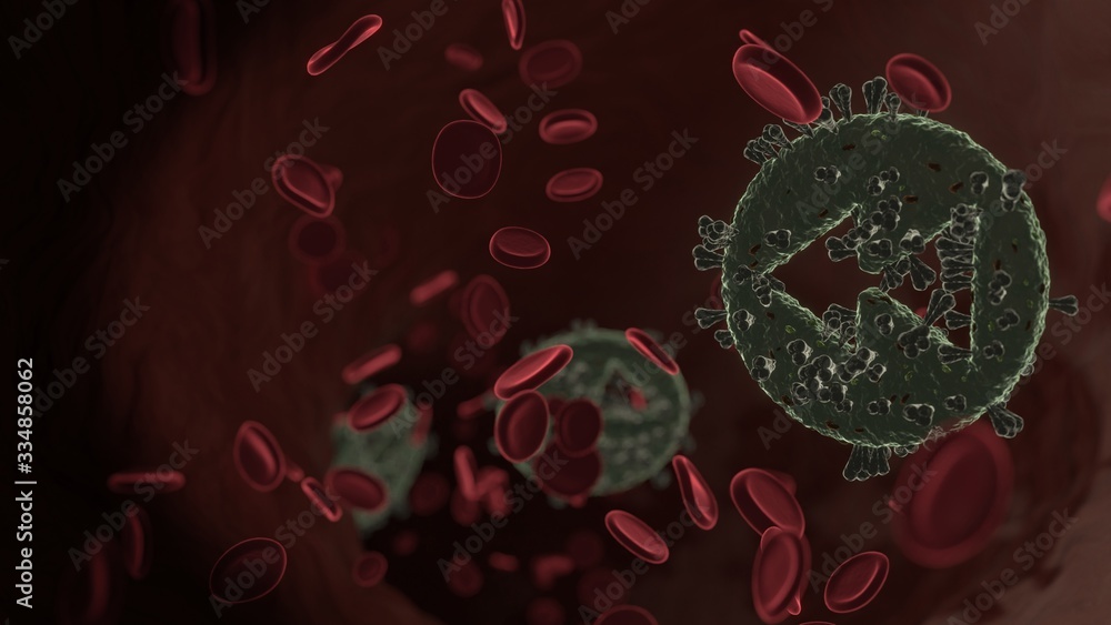 Poster microscopic 3d rendering view of virus shaped as symbol of rewind inside vein with red blood cells
