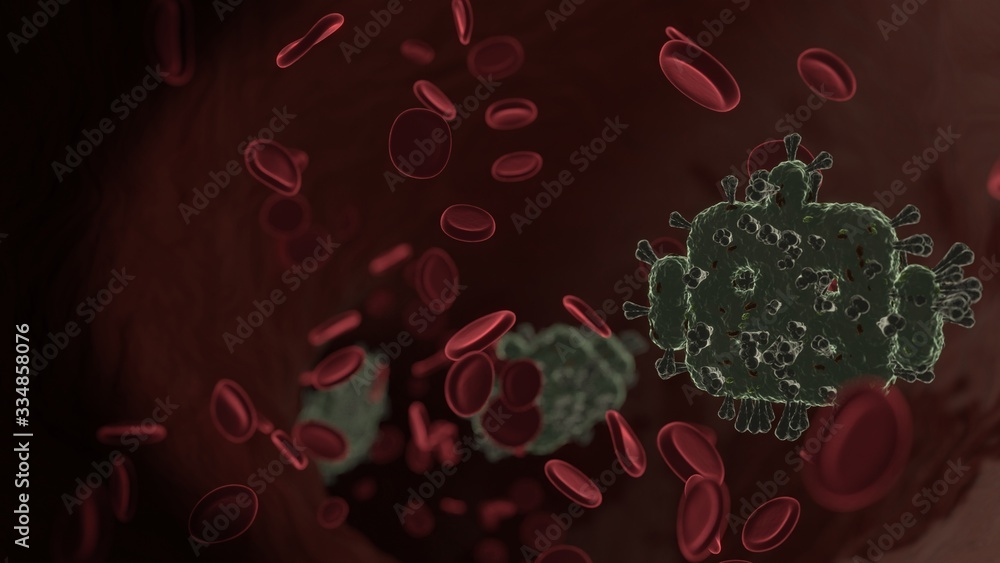 Poster microscopic 3d rendering view of virus shaped as symbol of robot inside vein with red blood cells