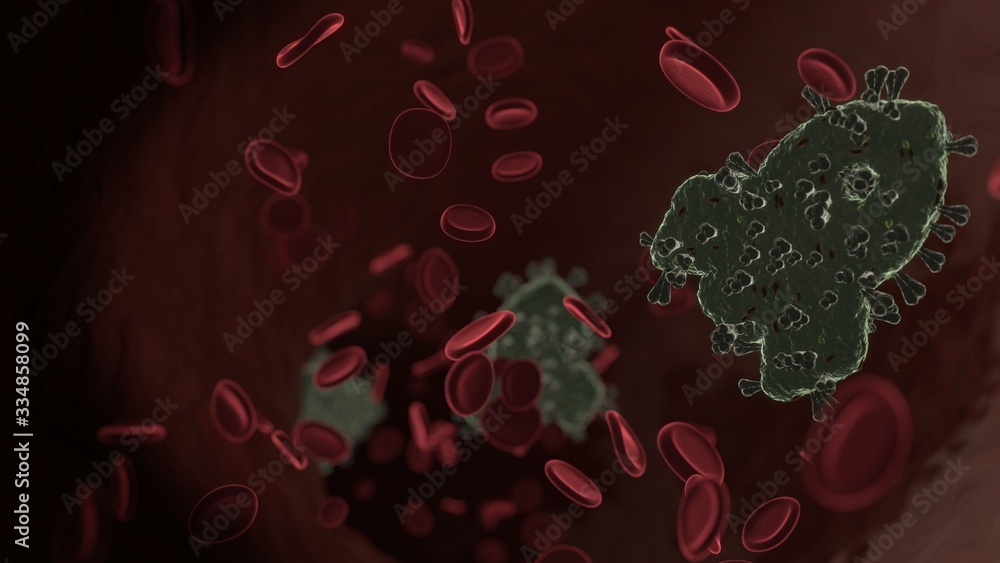 Poster microscopic 3d rendering view of virus shaped as symbol of rocket inside vein with red blood cells