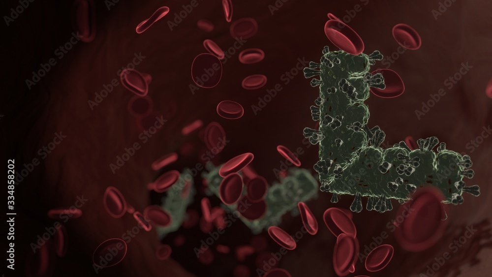 Poster microscopic 3d rendering view of virus shaped as symbol of ruler combined inside vein with red blood