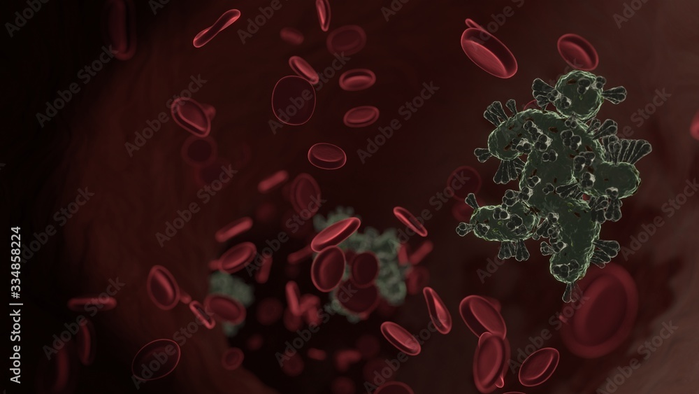 Poster microscopic 3d rendering view of virus shaped as symbol of running inside vein with red blood cells
