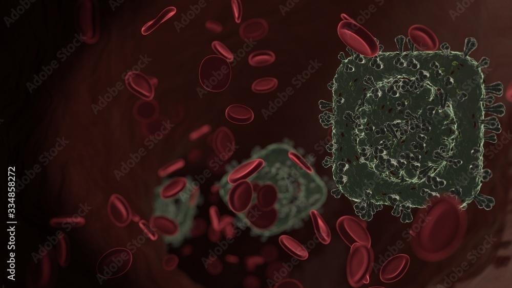 Poster microscopic 3d rendering view of virus shaped as symbol of safari inside vein with red blood cells