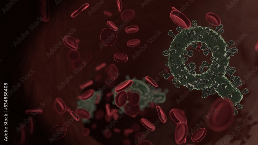 Poster microscopic 3d rendering view of virus shaped as symbol of search inside vein with red blood cells