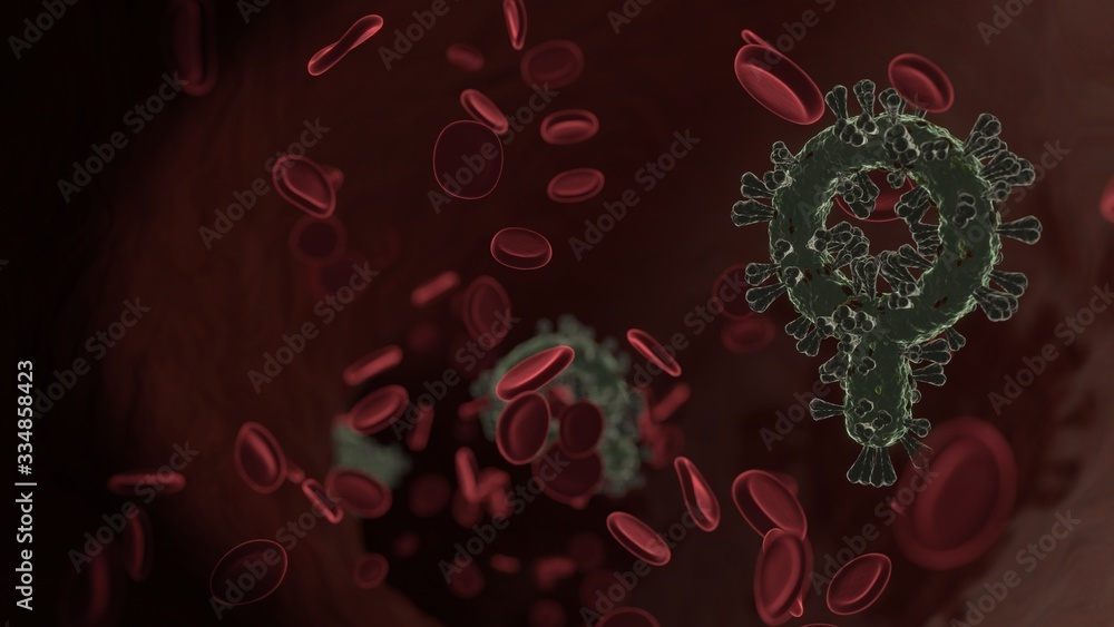 Poster microscopic 3d rendering view of virus shaped as symbol of search inside vein with red blood cells