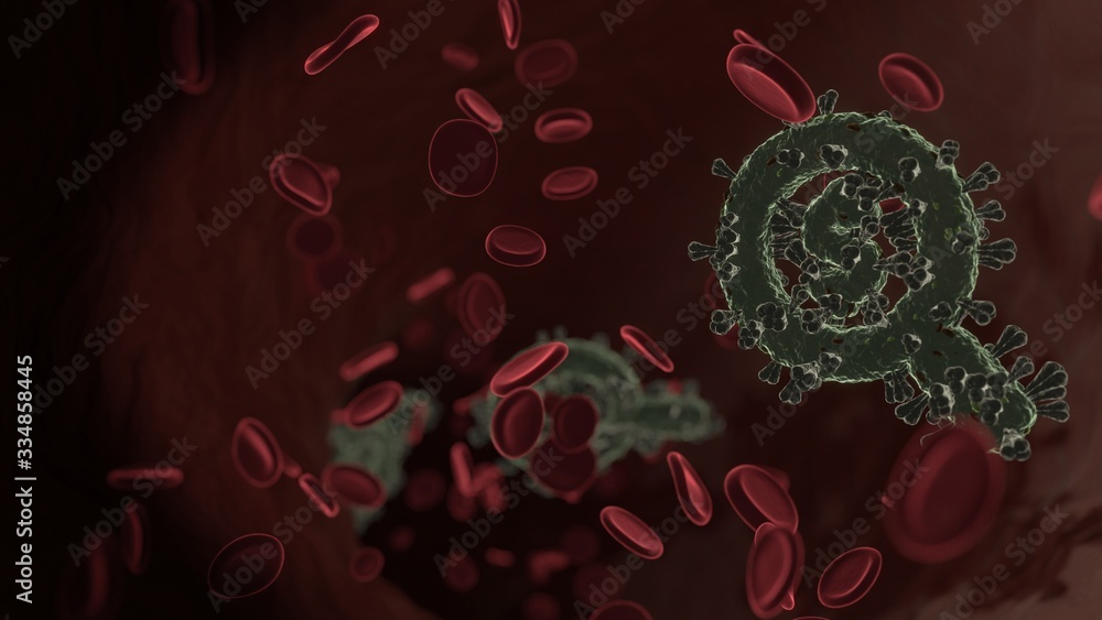 Poster microscopic 3d rendering view of virus shaped as symbol of search dollar inside vein with red blood 