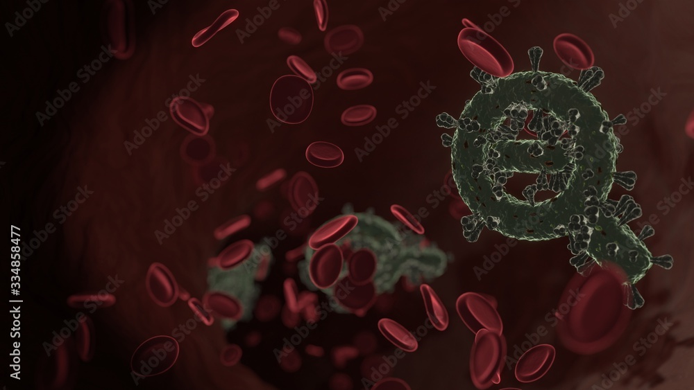 Poster microscopic 3d rendering view of virus shaped as symbol of search minus inside vein with red blood c