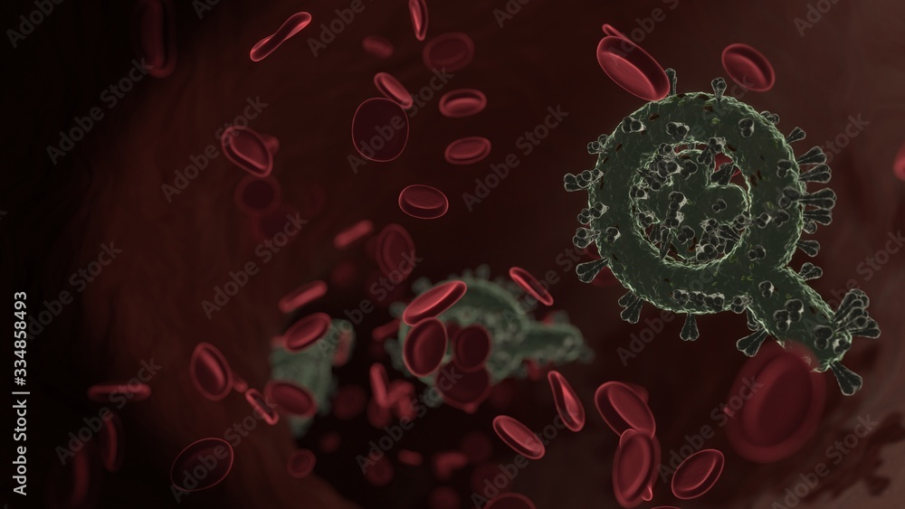 Poster microscopic 3d rendering view of virus shaped as symbol of search plus inside vein with red blood ce