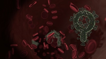 microscopic 3D rendering view of virus shaped as symbol of search inside vein with red blood cells