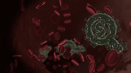 microscopic 3D rendering view of virus shaped as symbol of search dollar inside vein with red blood...