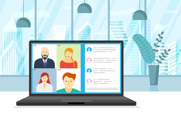 People group on laptop screen taking part in online conference. Virtual work meeting and distance education webinar or videoconferencing. Video conferencing and web communication illustration