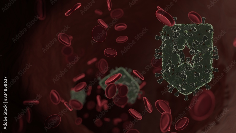 Poster microscopic 3d rendering view of virus shaped as symbol of shapes inside vein with red blood cells