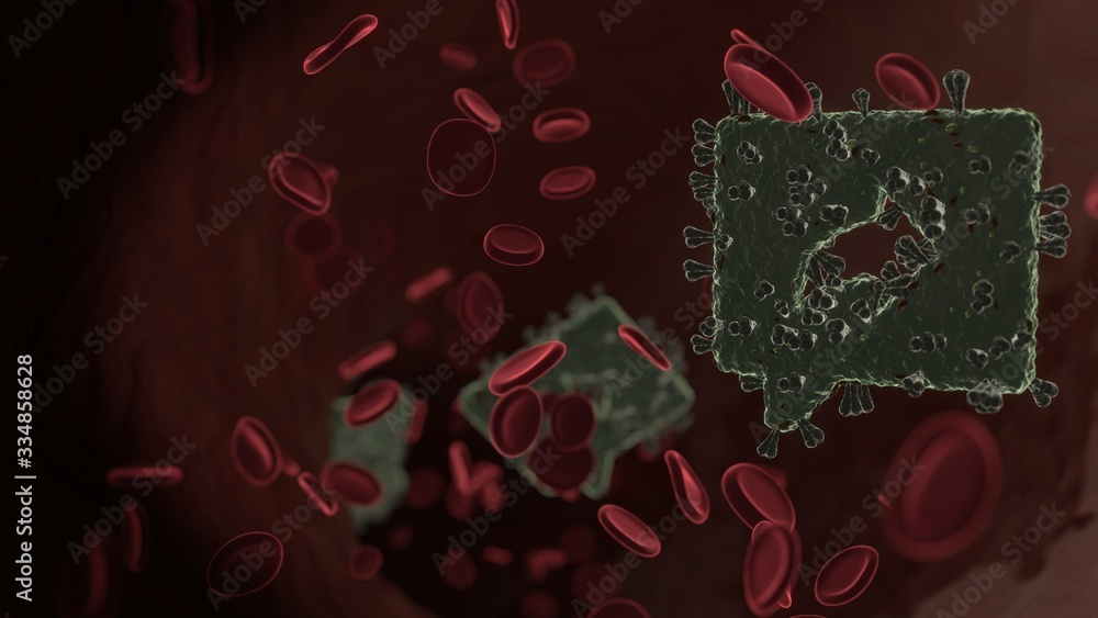 Poster microscopic 3d rendering view of virus shaped as symbol of share inside vein with red blood cells