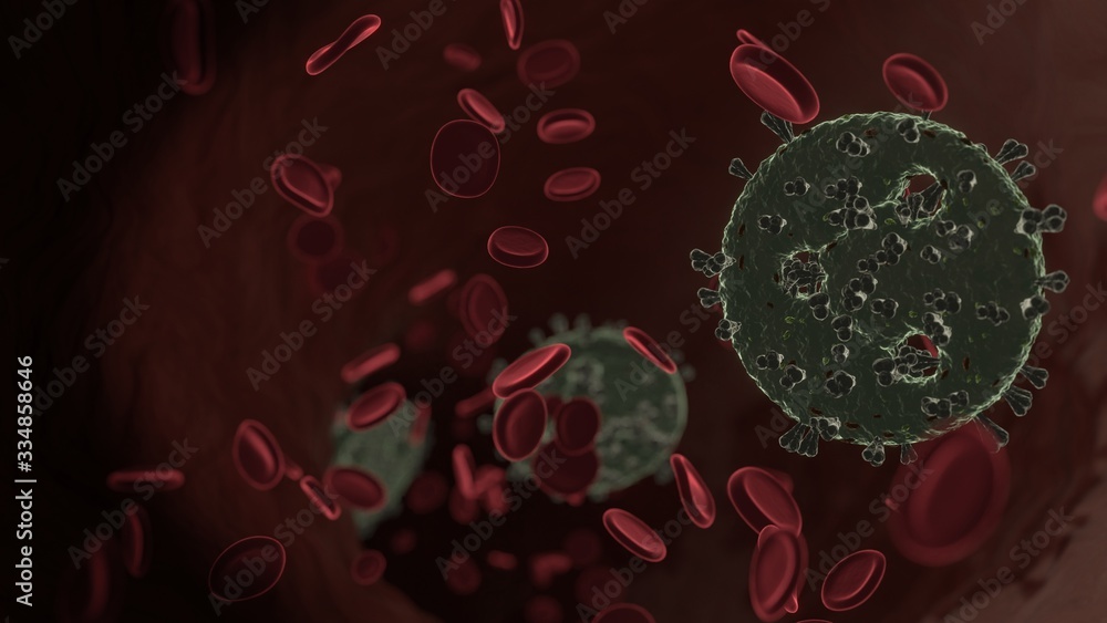 Aufkleber microscopic 3d rendering view of virus shaped as symbol of share inside vein with red blood cells