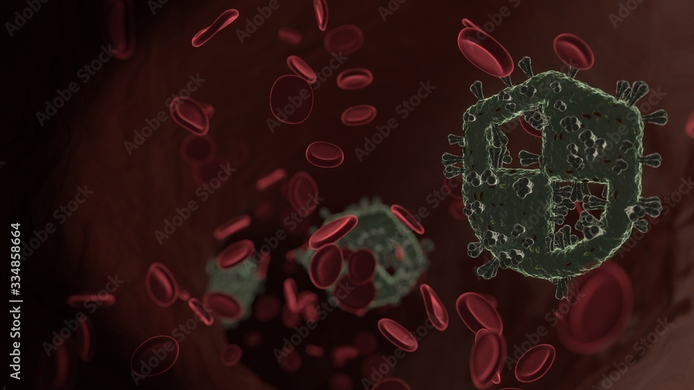 Poster microscopic 3d rendering view of virus shaped as symbol of shield inside vein with red blood cells