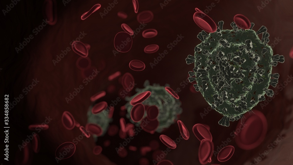 Poster microscopic 3d rendering view of virus shaped as symbol of shield inside vein with red blood cells