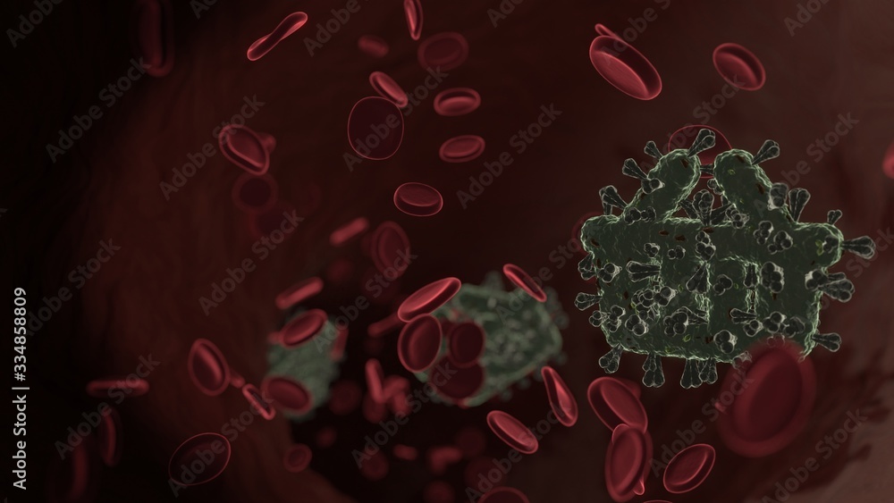 Poster microscopic 3d rendering view of virus shaped as symbol of shopping basket inside vein with red bloo