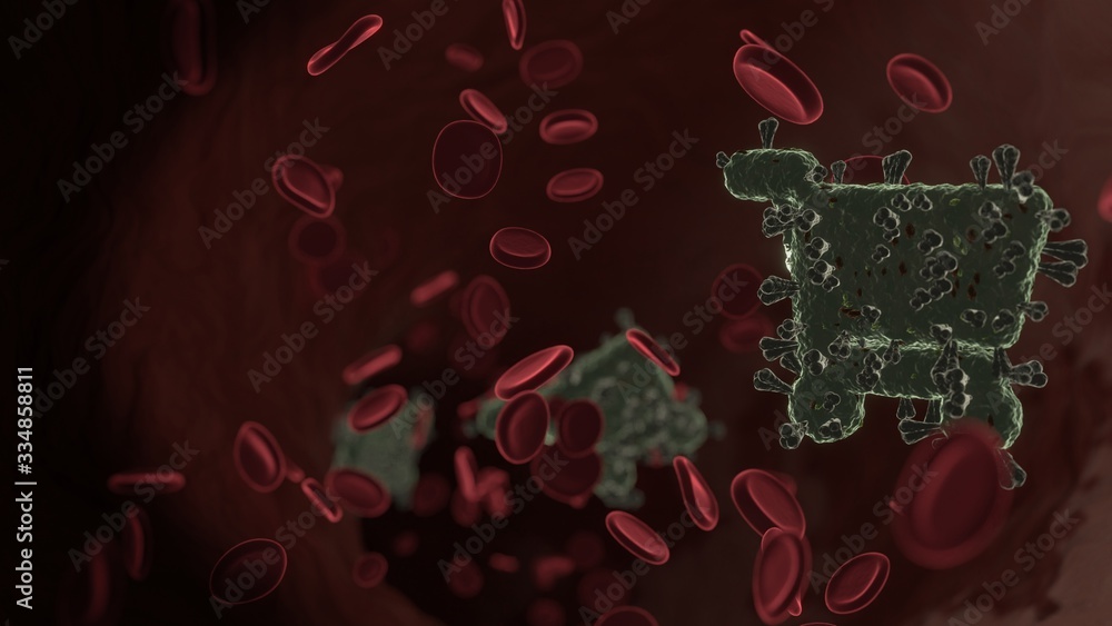 Poster microscopic 3d rendering view of virus shaped as symbol of shopping cart inside vein with red blood 