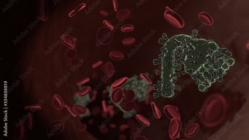 Poster microscopic 3d rendering view of virus shaped as symbol of shower inside vein with red blood cells