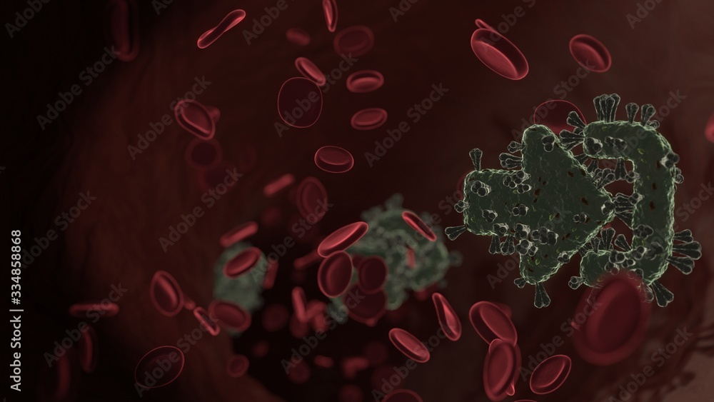 Poster microscopic 3d rendering view of virus shaped as symbol of sign in alt inside vein with red blood ce