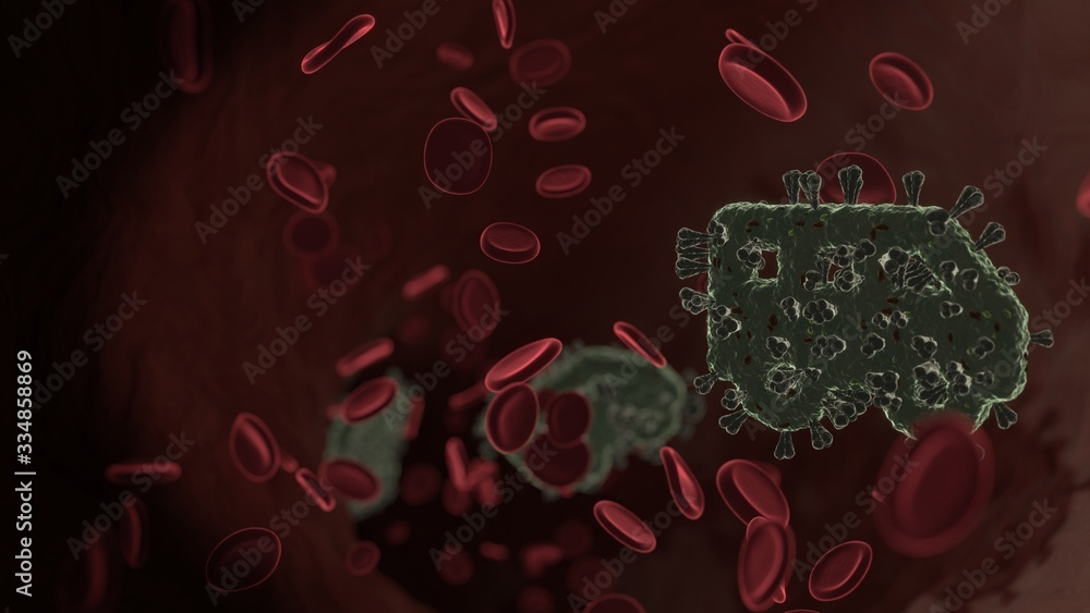 Poster microscopic 3d rendering view of virus shaped as symbol of shuttle van inside vein with red blood ce