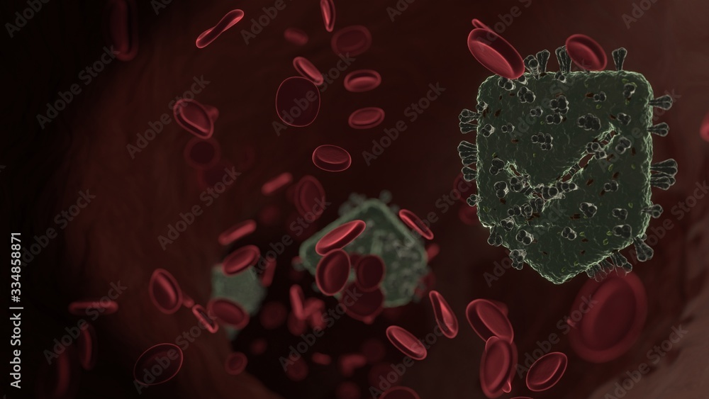 Poster microscopic 3d rendering view of virus shaped as symbol of signal inside vein with red blood cells