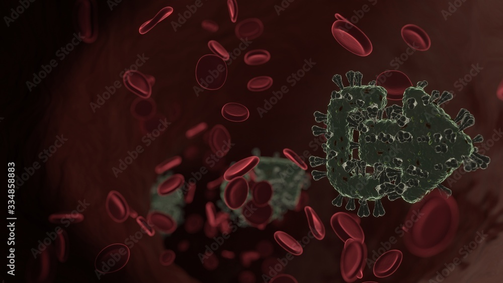 Poster microscopic 3d rendering view of virus shaped as symbol of sign out alt inside vein with red blood c