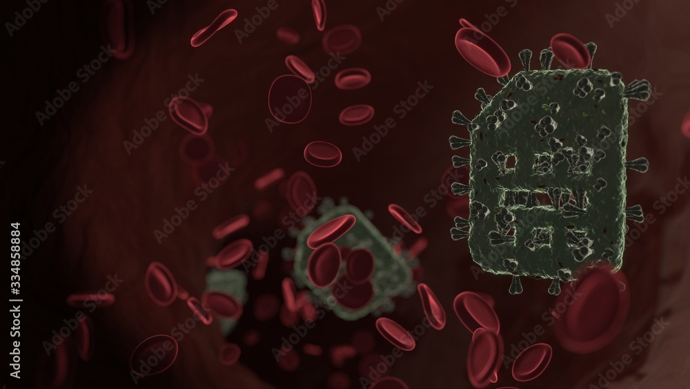 Poster microscopic 3d rendering view of virus shaped as symbol of sim card inside vein with red blood cells