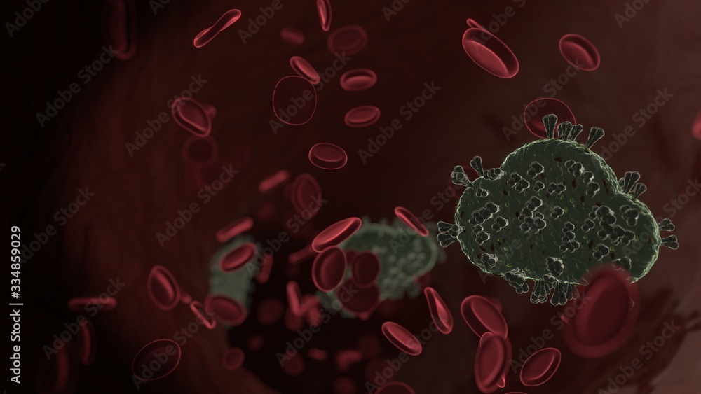 Poster microscopic 3d rendering view of virus shaped as symbol of sky inside vein with red blood cells