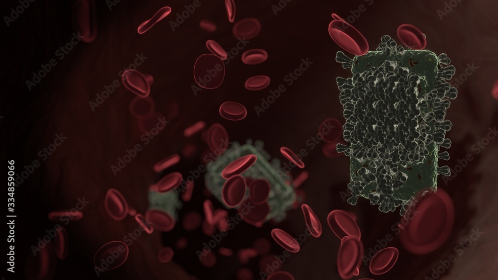 Poster microscopic 3d rendering view of virus shaped as symbol of smartphone inside vein with red blood cel