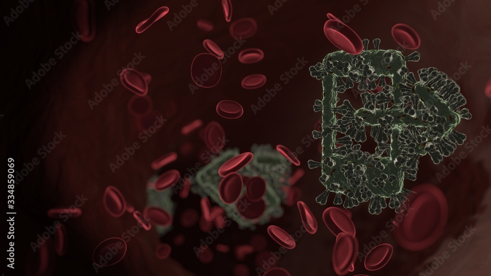 Poster microscopic 3d rendering view of virus shaped as symbol of smartphone inside vein with red blood cel